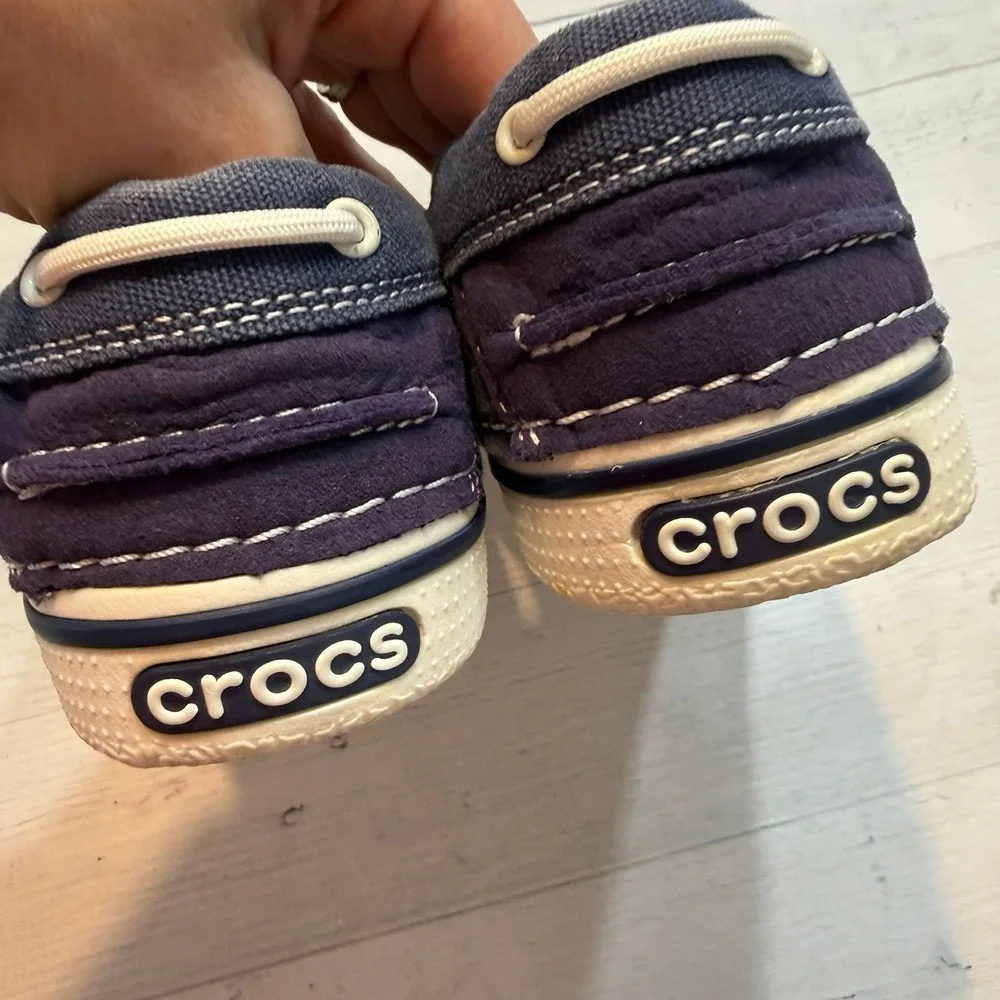 Crocs Hover Boat Shoe Nautical Navy Blue Canvas Lace Up Loafers Slip On Womens 9